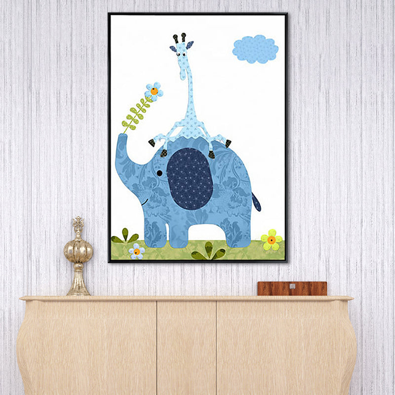 Elephant Canvas Wall Art Cartoon Cute Animal Pattern Wall Decor in Blue for Nursery