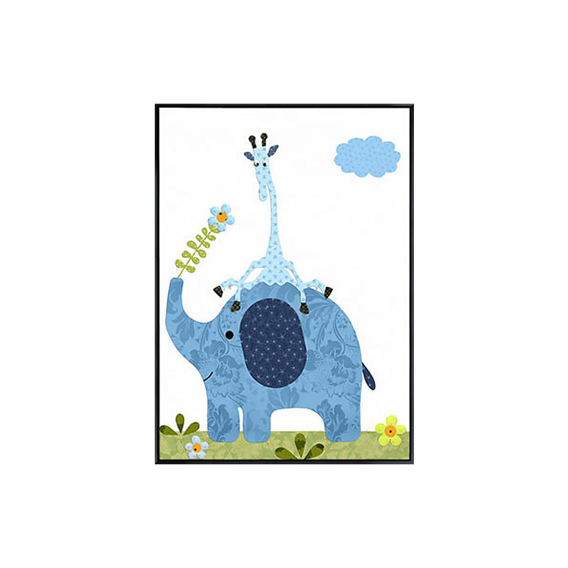 Elephant Canvas Wall Art Cartoon Cute Animal Pattern Wall Decor in Blue for Nursery