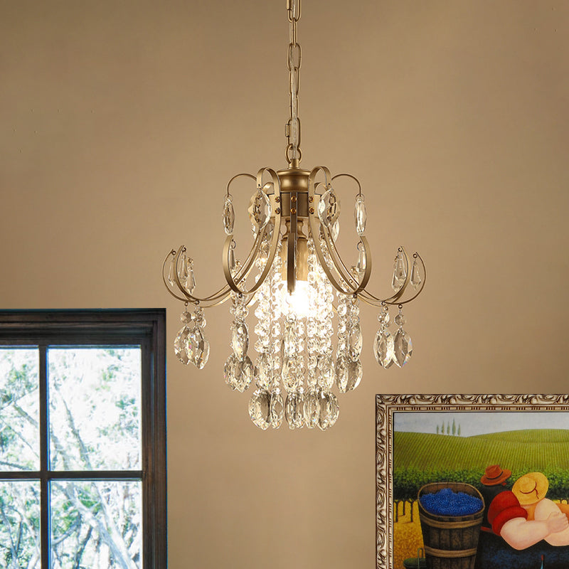 Bent Arm Suspension Lighting Simplicity Crystal Strand 1 Head Black/Gold Finish Hanging Ceiling Light