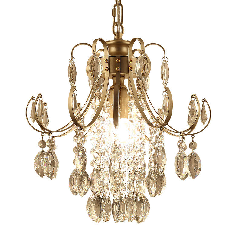 Bent Arm Suspension Lighting Simplicity Crystal Strand 1 Head Black/Gold Finish Hanging Ceiling Light