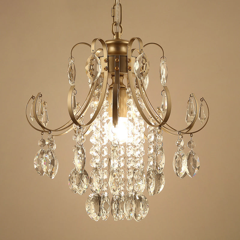 Bent Arm Suspension Lighting Simplicity Crystal Strand 1 Head Black/Gold Finish Hanging Ceiling Light