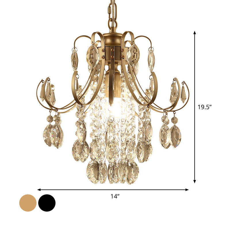 Bent Arm Suspension Lighting Simplicity Crystal Strand 1 Head Black/Gold Finish Hanging Ceiling Light