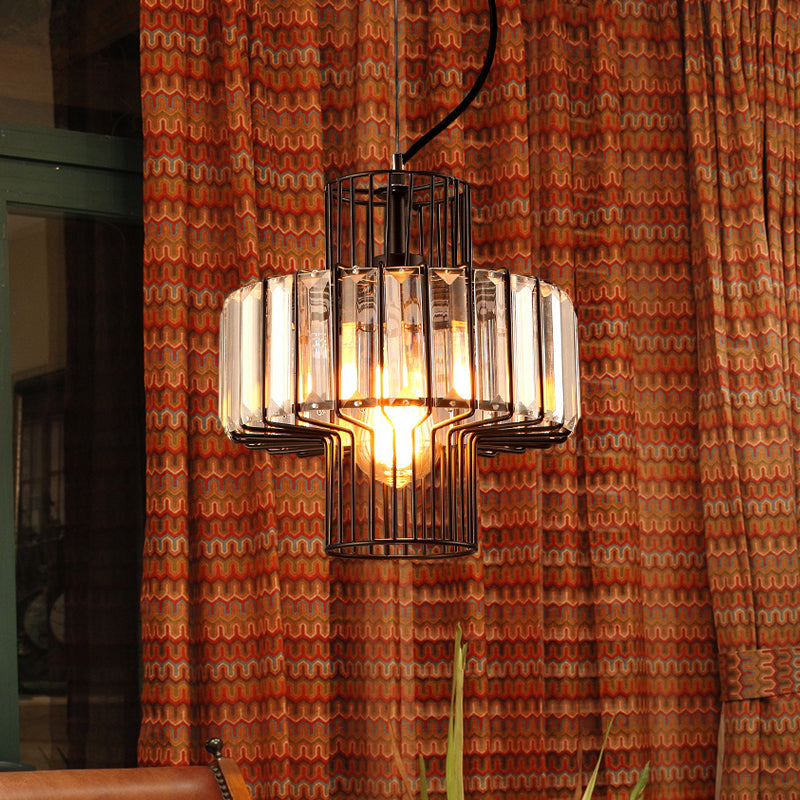 10 "/12.5" brede minimalistische lantaarn kristalblokverhangverlichting 1 kop plafond hanger in zwart met metalen kooi