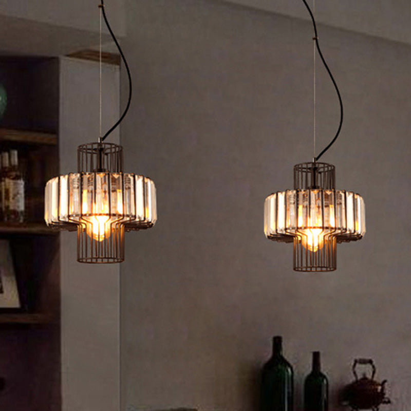 10"/12.5" Wide Minimalist Lantern Crystal Block Suspension Lighting 1 Head Ceiling Pendant in Black with Metal Cage