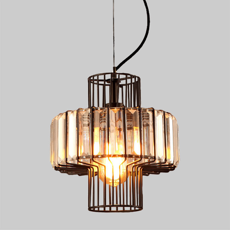 10 "/12.5" brede minimalistische lantaarn kristalblokverhangverlichting 1 kop plafond hanger in zwart met metalen kooi