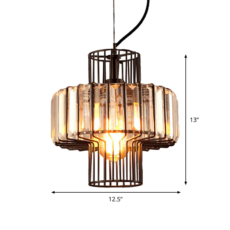 10"/12.5" Wide Minimalist Lantern Crystal Block Suspension Lighting 1 Head Ceiling Pendant in Black with Metal Cage