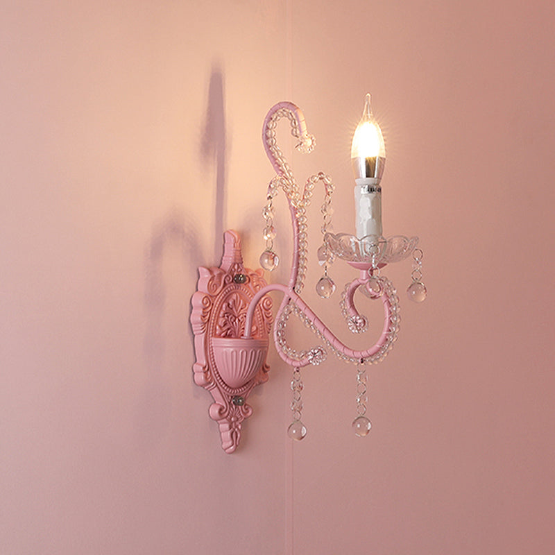 Metallic Scroll Arm Wall Lamp Modernist 1/2 Lights Wall Light with Crystal Orb Deco in Pink
