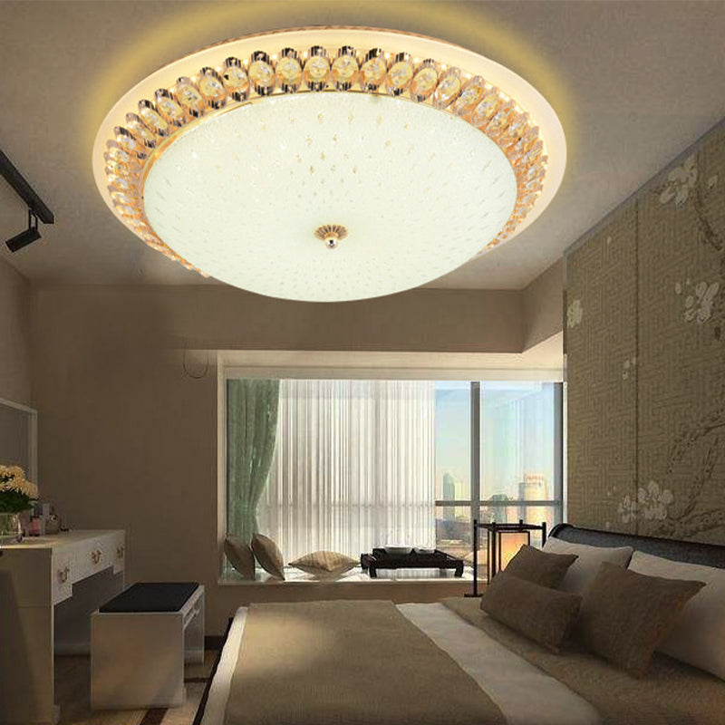 12"/16"/19.5" W Dome White Glass Flush Lamp Modernist LED White Ceiling Mount with Clear Crystal Deco