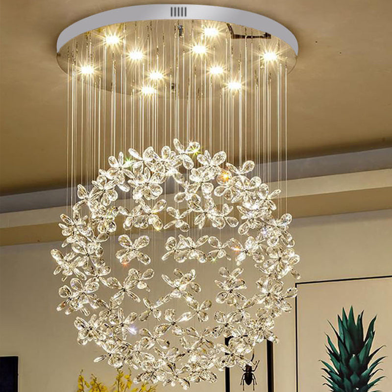 Kugel-Deckenleuchte, moderner klarer Kristall, 16"/19,5" B, 9 Lichter, Esszimmer-Einbauleuchte in Nickel