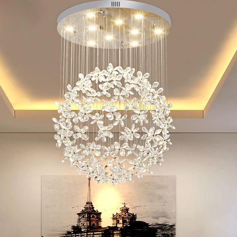 Kugel-Deckenleuchte, moderner klarer Kristall, 16"/19,5" B, 9 Lichter, Esszimmer-Einbauleuchte in Nickel