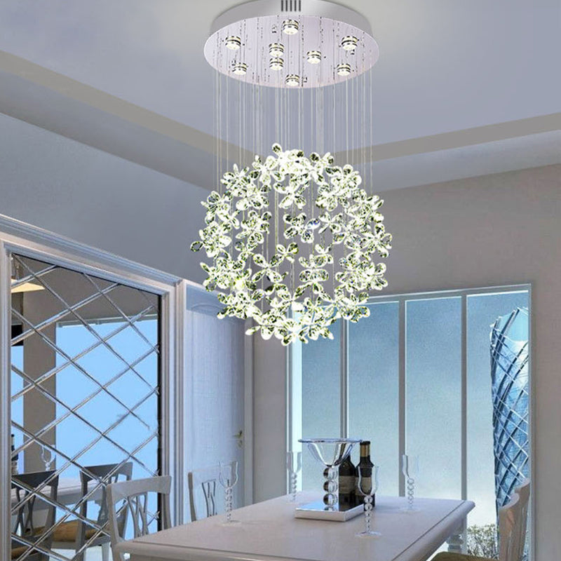Kugel-Deckenleuchte, moderner klarer Kristall, 16"/19,5" B, 9 Lichter, Esszimmer-Einbauleuchte in Nickel