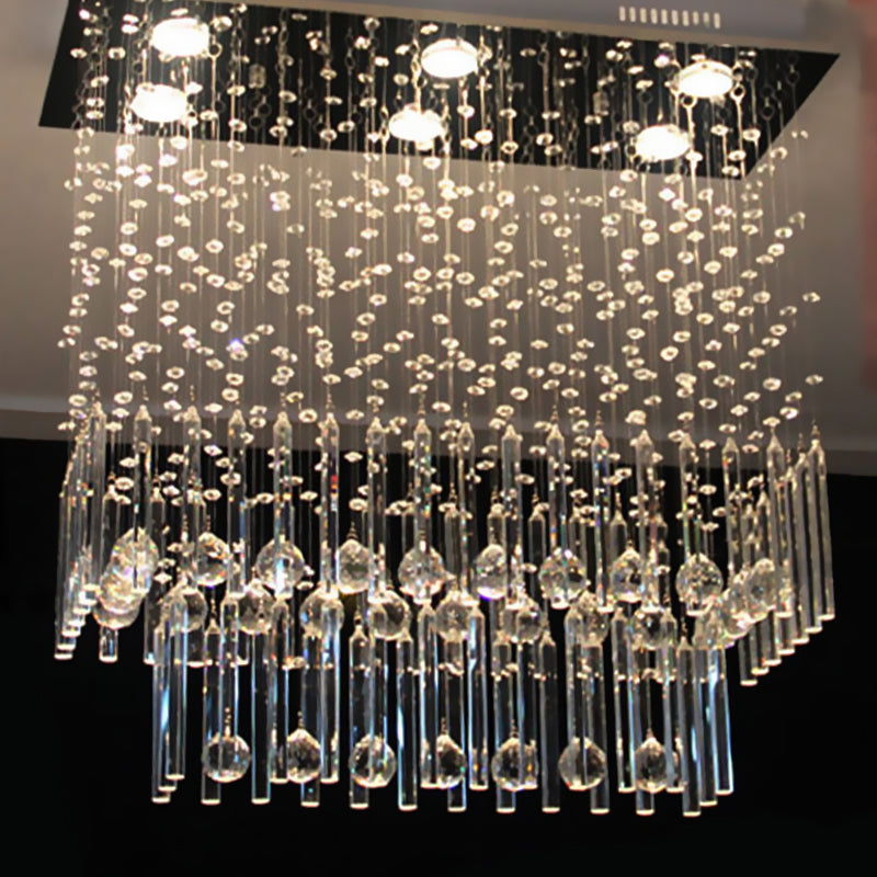 Clear Crystal Cascade Flush Light Simple 6 Lights Nickel Close to Ceiling Lighting Fixture for Restaurant