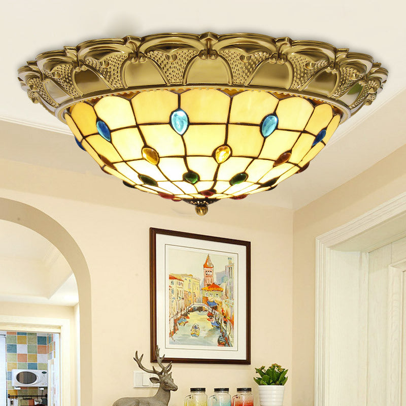 Lattice Bowl Flushmount LED Stained Glass Tiffany Style Beaded Patterned Ceiling Fixture in Brass, 15"/16"/19.5" Wide