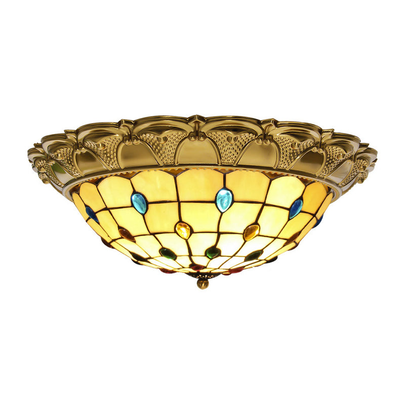 Lattice Bowl Flushmount LED Stained Glass Tiffany Style Beaded Patterned Ceiling Fixture in Brass, 15"/16"/19.5" Wide