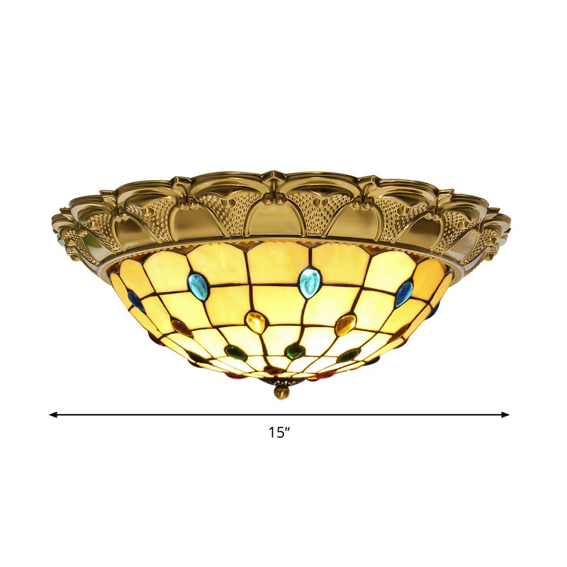 Lattice Bowl Flushmount LED Stained Glass Tiffany Style Beaded Patterned Ceiling Fixture in Brass, 15"/16"/19.5" Wide