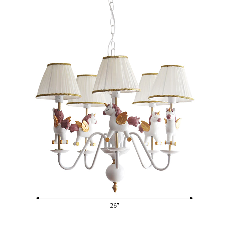 Kids White Pendant Light Unicorn 5 Bulbs Metal Chandelier with Fabric Shade for Girls Bedroom