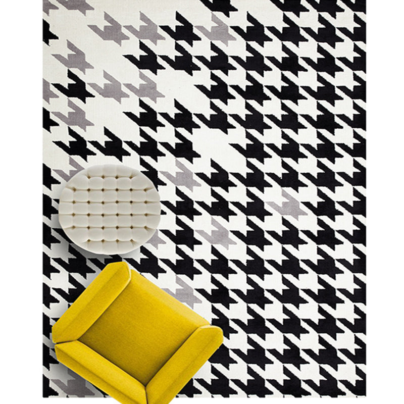 Modernist Houndstooth Pattern Rug White and Black Polyester Rug Non-Slip Pet Friendly Washable Are Rug for Bedroom
