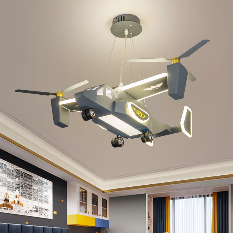 Helicopter Figure Chandelier Lighting Cartoon Style Metal LED Boy Room Ceiling Pendant Light in Grey