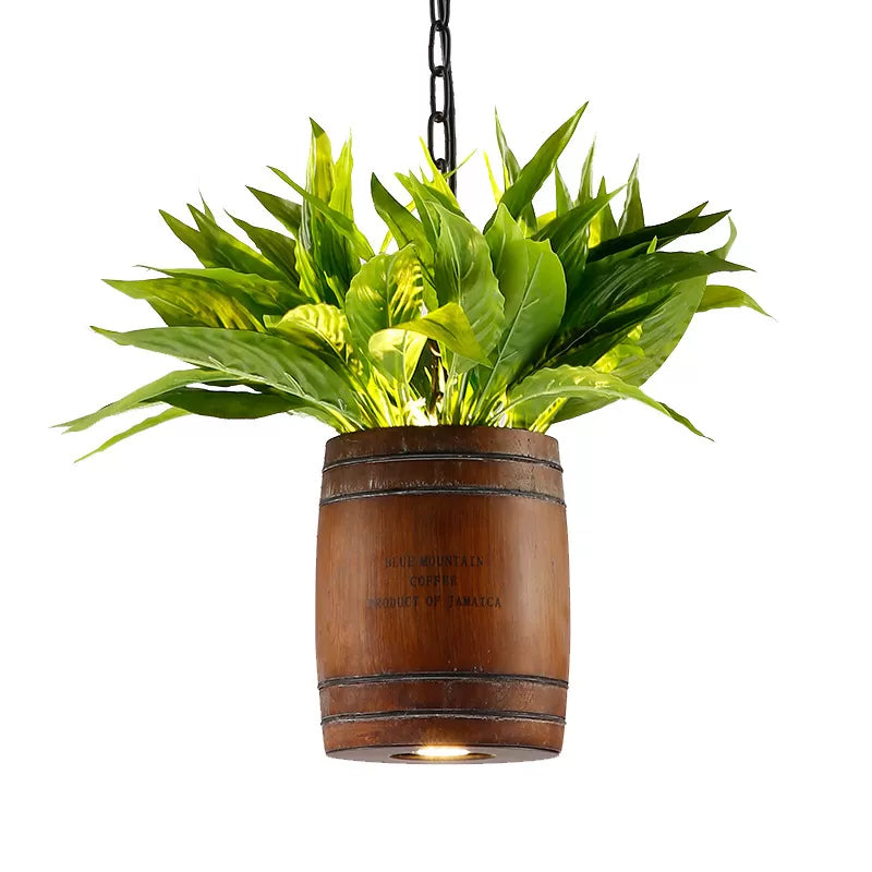 Bucket Wood Pendant Light Fixture Industrial 1 Head Dining Room Ceiling Lamp in Coffee with Plant Deco