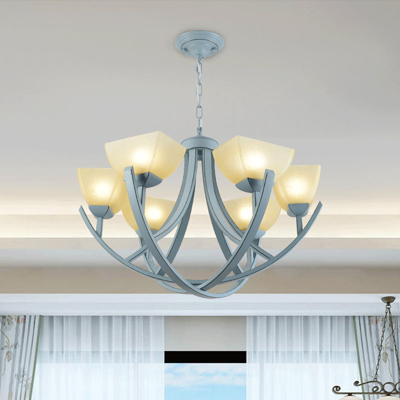 Frosted Glass Trapezoid Hanging Lamp Kit Simple 6-Head Chandelier Light Fixture with Curved Arm in Blue