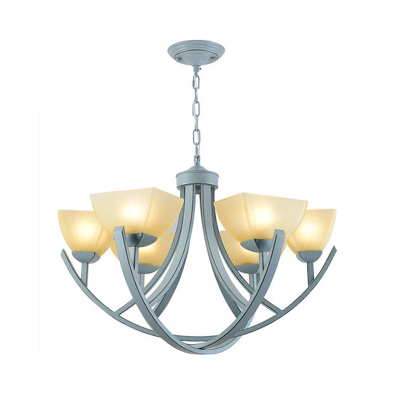 Frosted Glass Trapezoid Hanging Lamp Kit Simple 6-Head Chandelier Light Fixture with Curved Arm in Blue