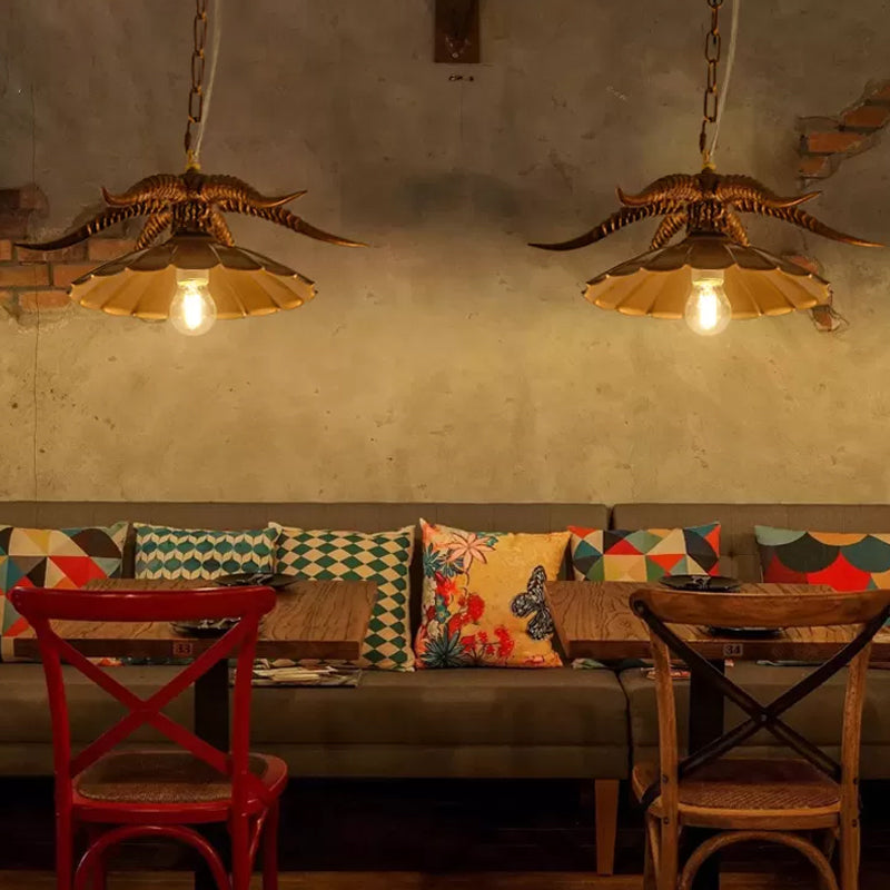 Resin OX Horn Hanging Lamp Rustic Single Restaurant Pendant Light Fixture with Scalloped Shade in Brass/White