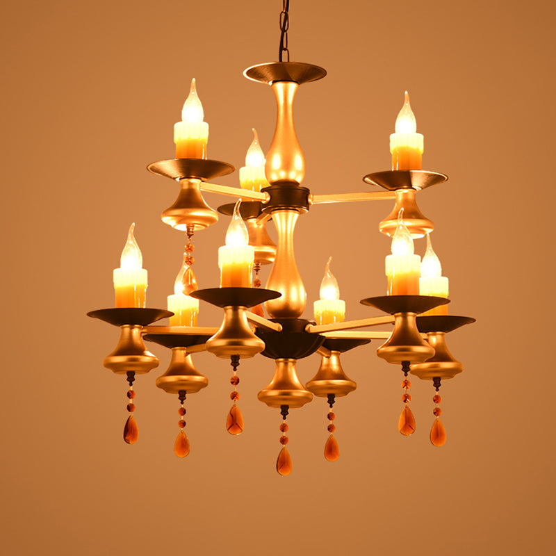 3/5/6 Lights Golden Chandelier Traditional Iron Bellied Oval Vase Hanging Lamp with Resin Candle