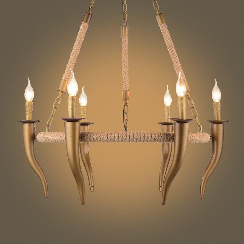 Pendentif de plafond de roue de wagon enveloppé rustique Pendant 3/6 Light Khaki Metallic Chandelier Light With Ox Horn Element