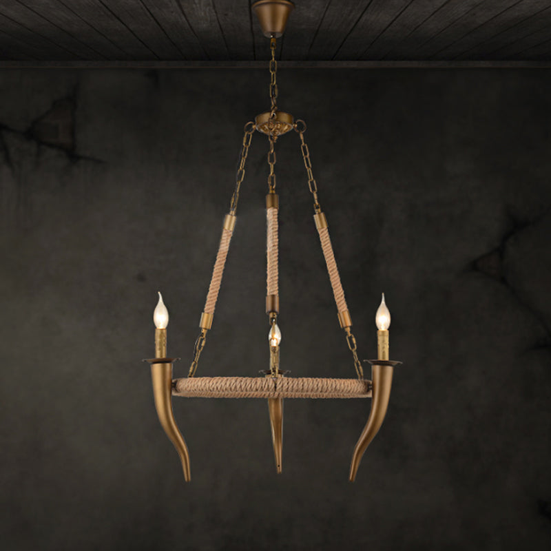 Pendentif de plafond de roue de wagon enveloppé rustique Pendant 3/6 Light Khaki Metallic Chandelier Light With Ox Horn Element