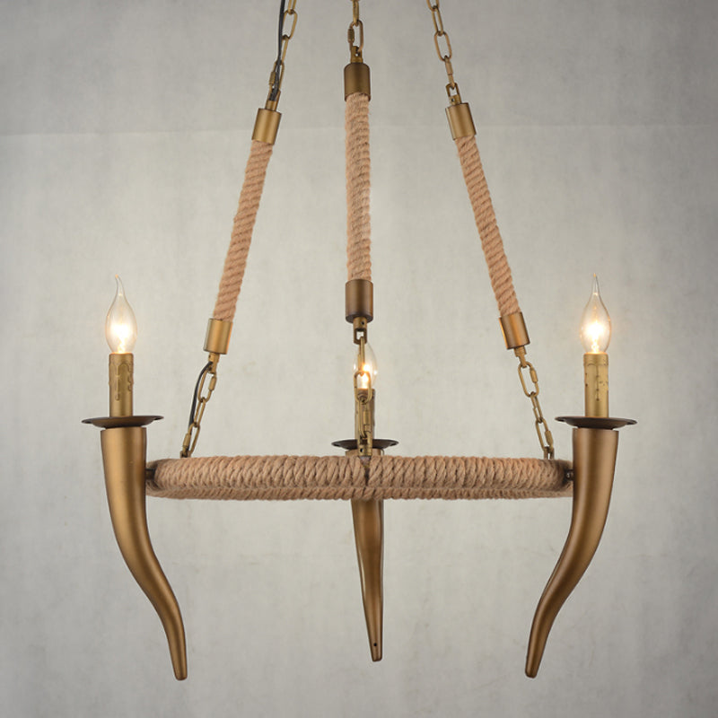 Pendentif de plafond de roue de wagon enveloppé rustique Pendant 3/6 Light Khaki Metallic Chandelier Light With Ox Horn Element