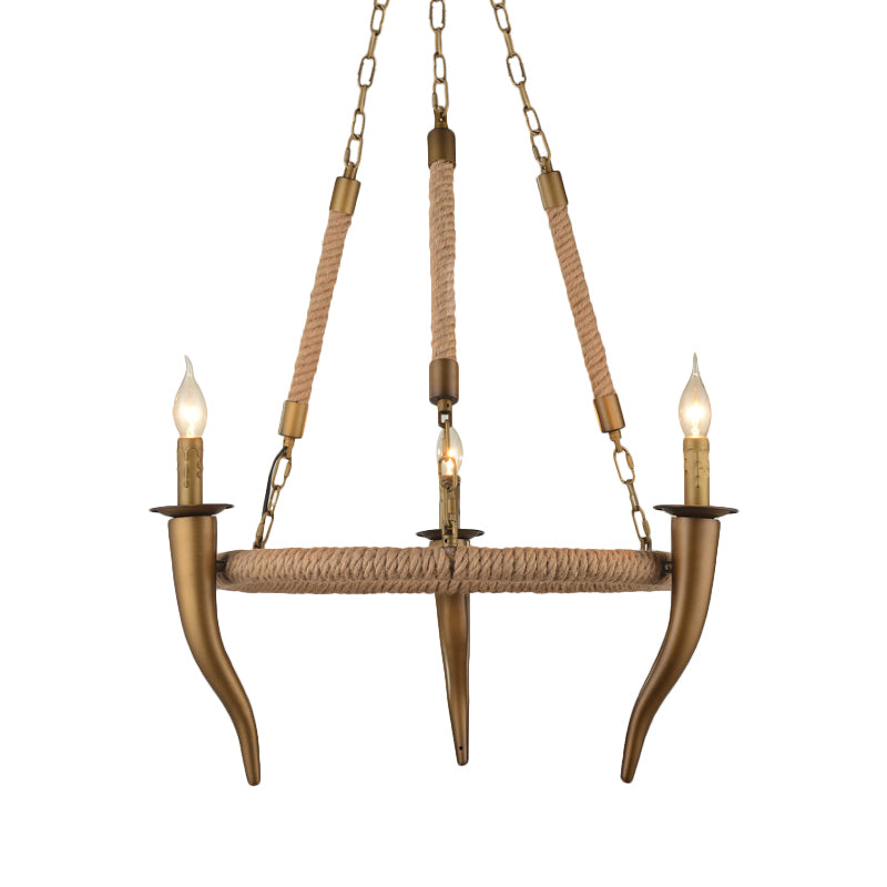Pendentif de plafond de roue de wagon enveloppé rustique Pendant 3/6 Light Khaki Metallic Chandelier Light With Ox Horn Element