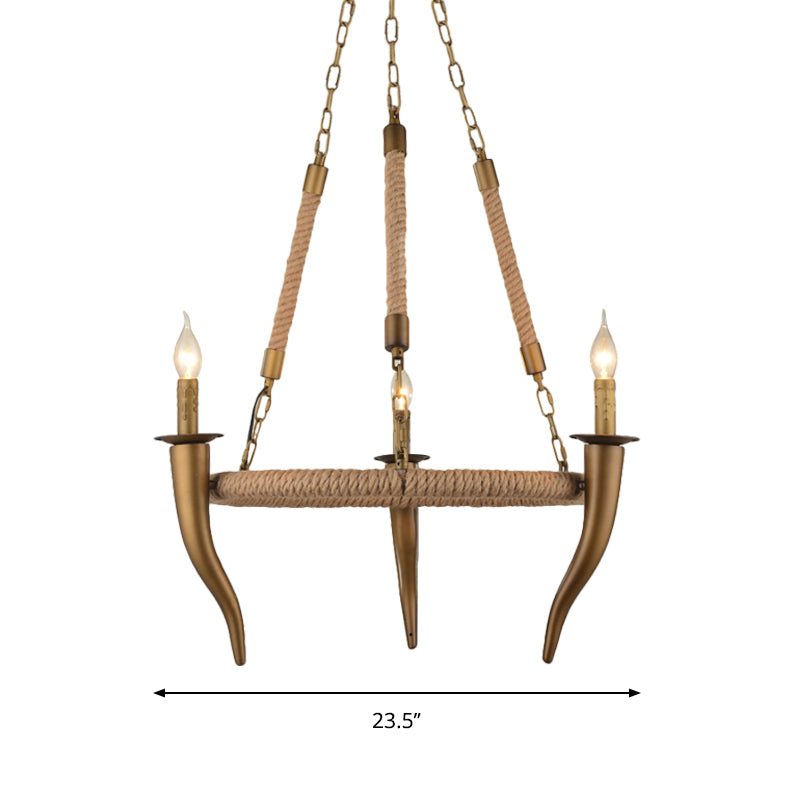 Pendentif de plafond de roue de wagon enveloppé rustique Pendant 3/6 Light Khaki Metallic Chandelier Light With Ox Horn Element