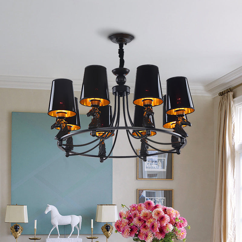 Lampe à lustre évasée en fer traditionnel pendentif de plafond 4/6/8-léger avec des détails en résine en noir