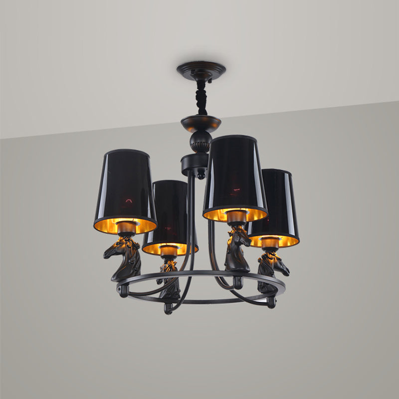 Lampe à lustre évasée en fer traditionnel pendentif de plafond 4/6/8-léger avec des détails en résine en noir