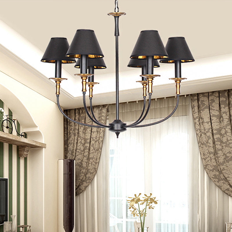Traditional Cone Shape Chandelier 3/4/6-Head Fabric Hanging Pendant in Black/Chrome with Swooping Arm