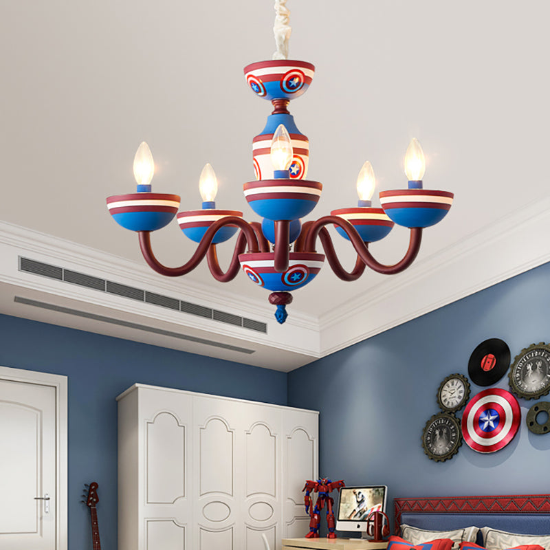 American Stylish Candle Pendant Light Metallic Chandelier in Blue&Red for Boys Bedroom