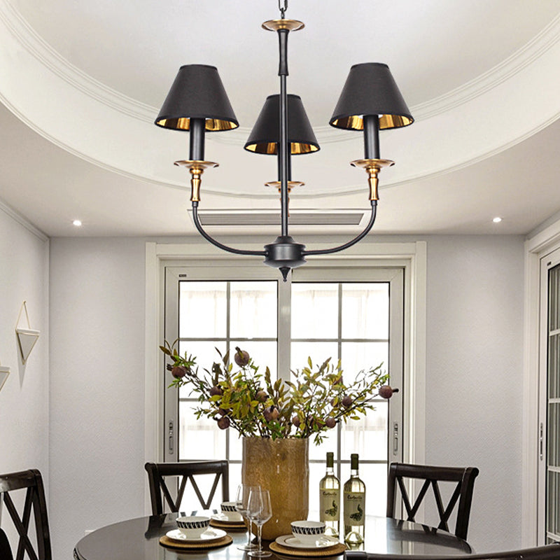 Traditional Cone Shape Chandelier 3/4/6-Head Fabric Hanging Pendant in Black/Chrome with Swooping Arm
