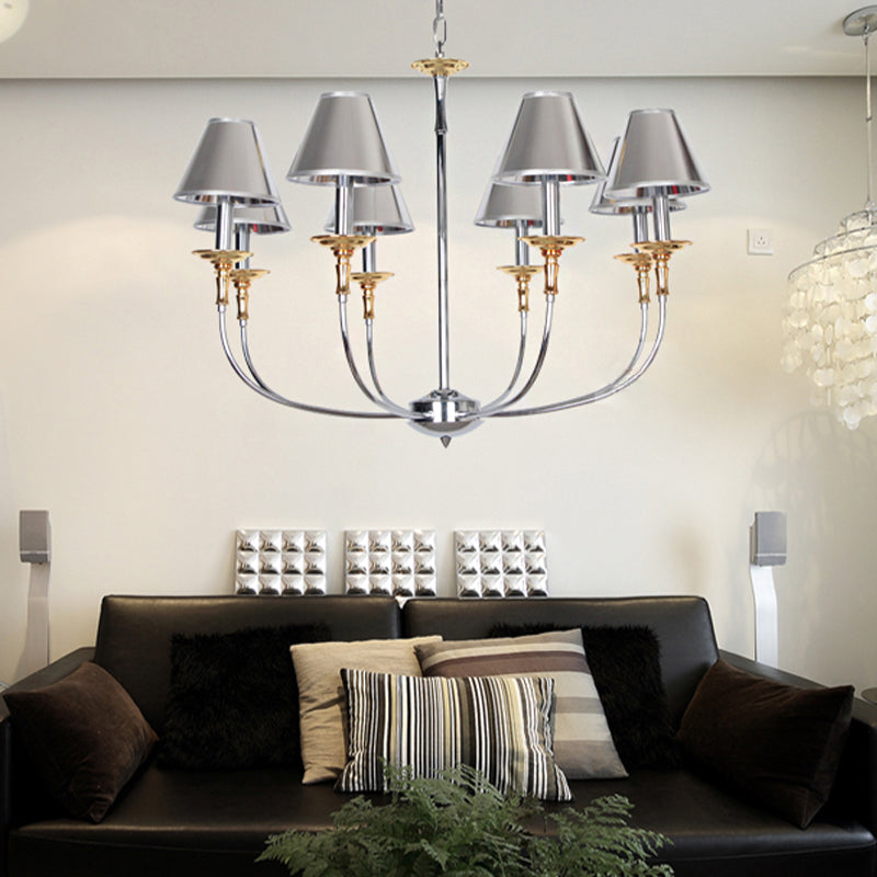 Traditional Cone Shape Chandelier 3/4/6-Head Fabric Hanging Pendant in Black/Chrome with Swooping Arm