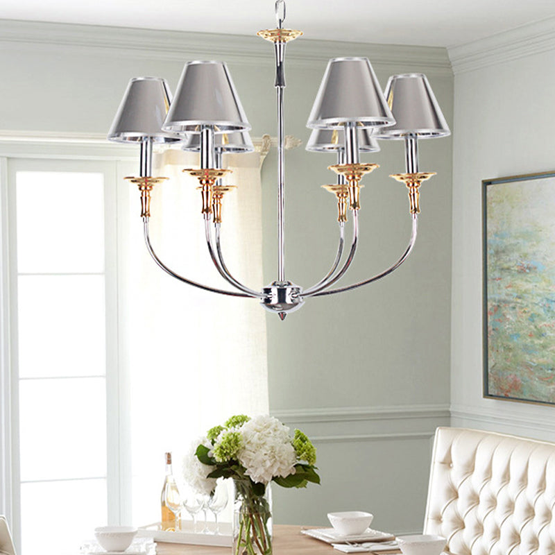 Traditional Cone Shape Chandelier 3/4/6-Head Fabric Hanging Pendant in Black/Chrome with Swooping Arm
