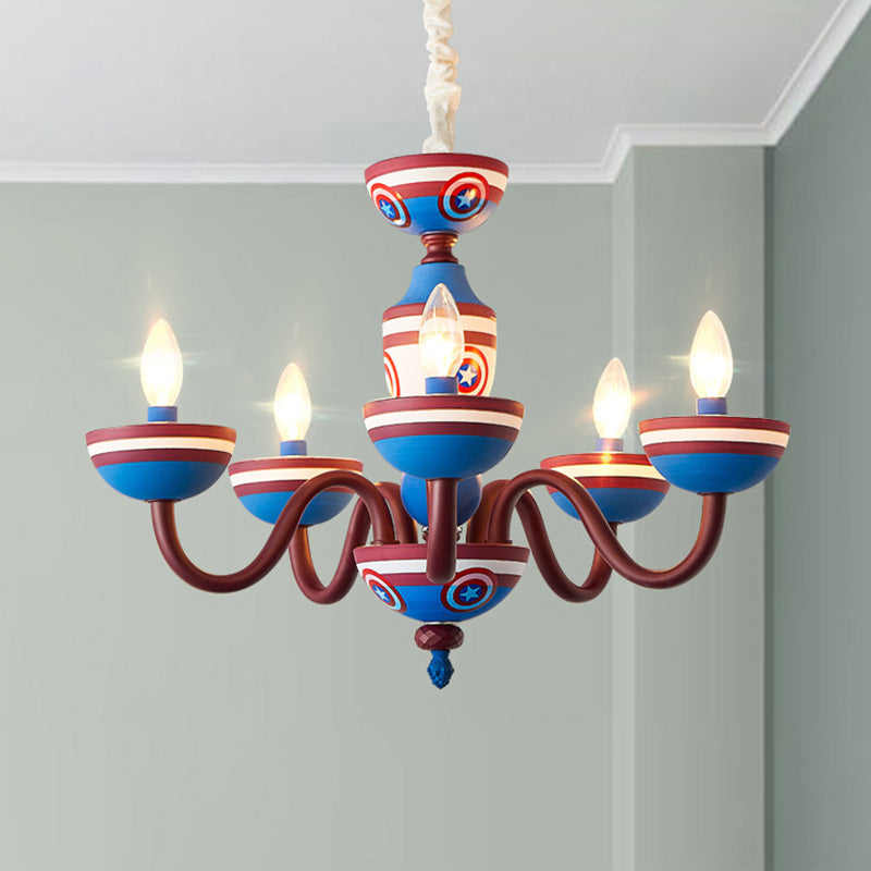 American Stylish Candle Pendant Light Metallic Chandelier in Blue&Red for Boys Bedroom