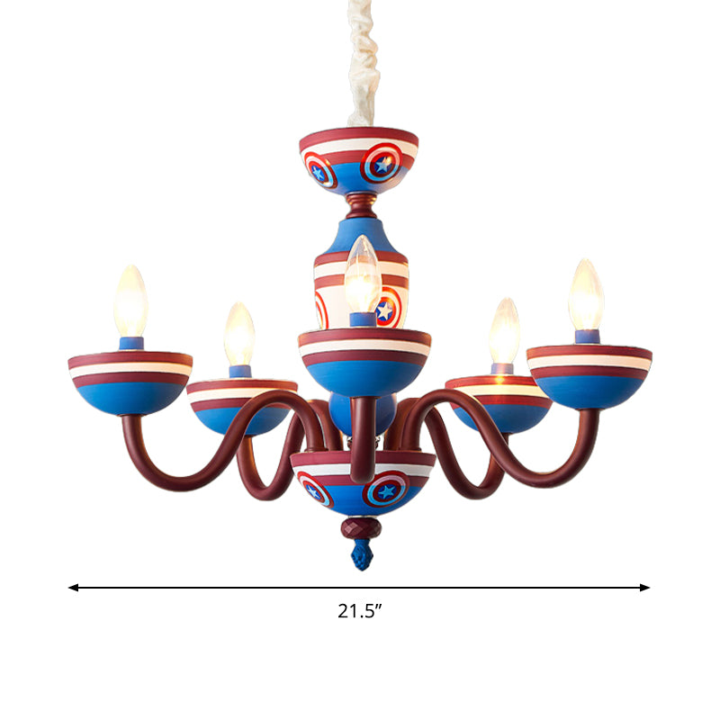 American Stylish Candle Pendant Light Metallic Chandelier in Blue&Red for Boys Bedroom