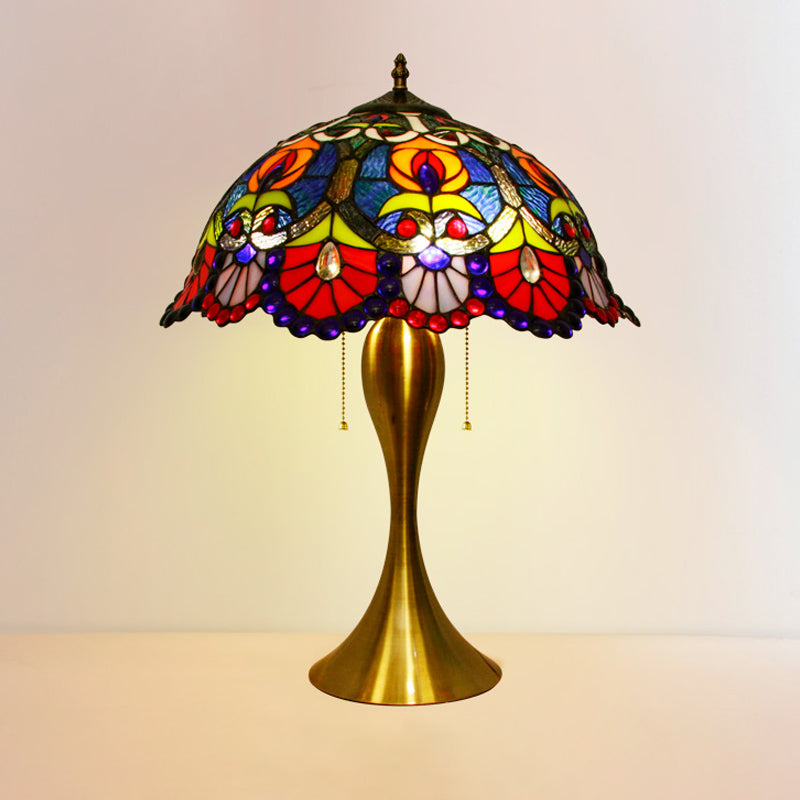 Victorian Dome Night Light 1 Bulb Stained Glass Desk Lighting with Beaded Deco in Brass, Pull Chain