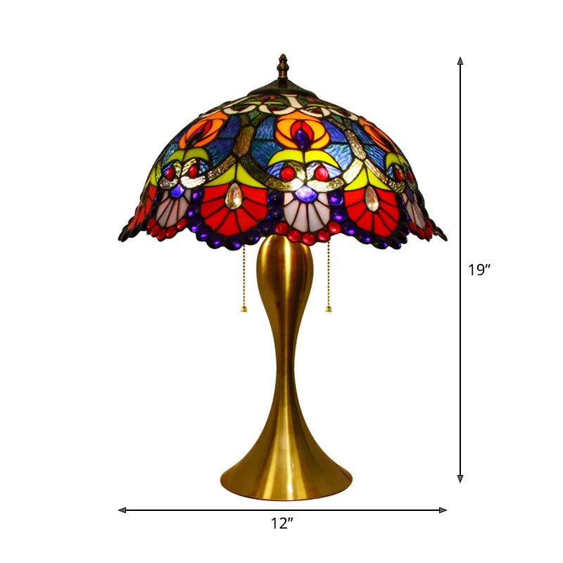 Victorian Dome Night Light 1 Bulb Stained Glass Desk Lighting with Beaded Deco in Brass, Pull Chain