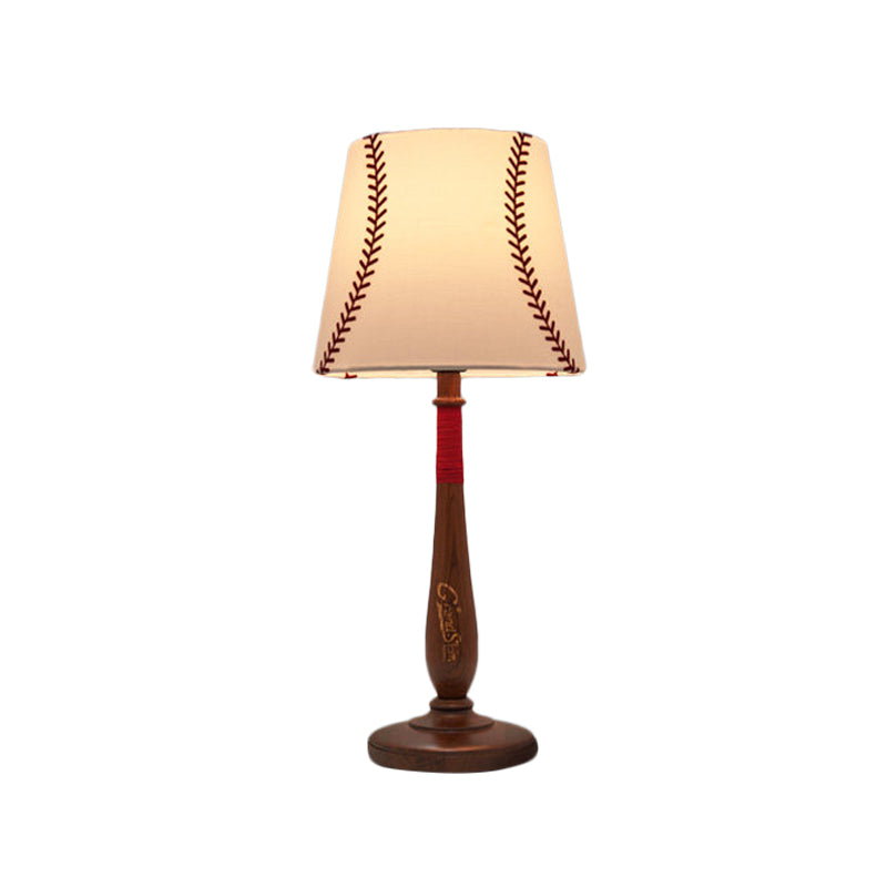 Conical Fabric Table Light Modernism 1-Light Brown/Wood Nightstand Lamp with Baseball Design