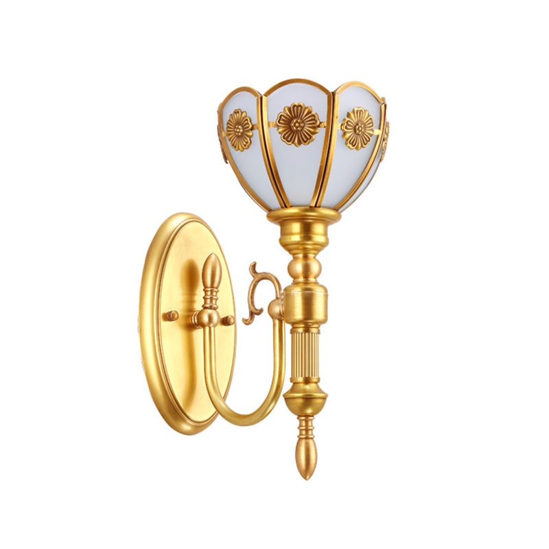 1 Bulb Floral Bowl Wall Sconce Vintage Gold Finish Milky Glass Wall Mount Lamp with Curvy Arm