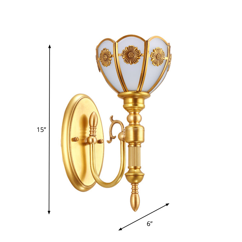1 Bulb Floral Bowl Wall Sconce Vintage Gold Finish Milky Glass Wall Mount Lamp with Curvy Arm