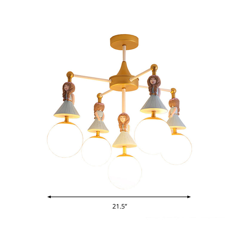 Child Bedroom Little Girls Chandelier with Globe Shade Wood 5 Lights Kids Pendant Light
