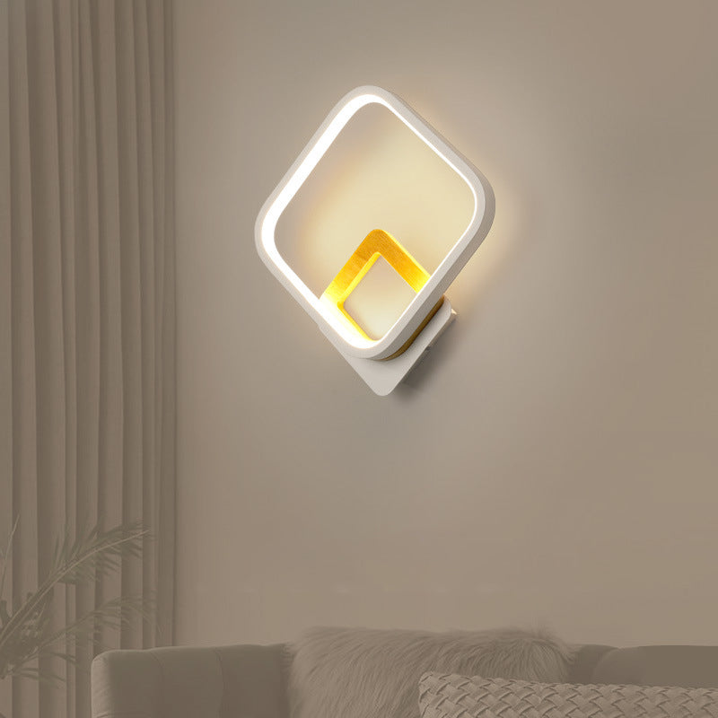 Metal Diamond-Frame Wall Sconce Minimalist White and Wood LED Wall Mounted Light in Warm/White Light