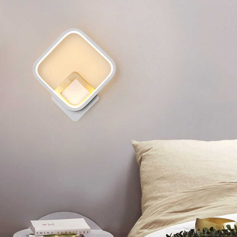 Metal Diamond-Frame Wall Sconce Minimalist White and Wood LED Wall Mounted Light in Warm/White Light