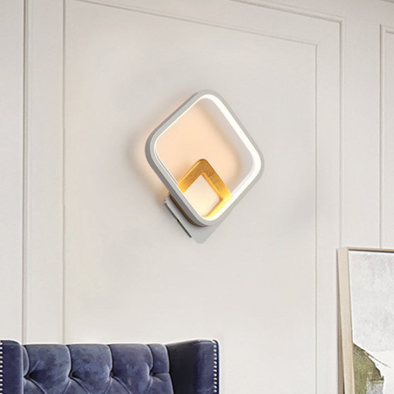 Metal Diamond-Frame Wall Sconce Minimalist White and Wood LED Wall Mounted Light in Warm/White Light